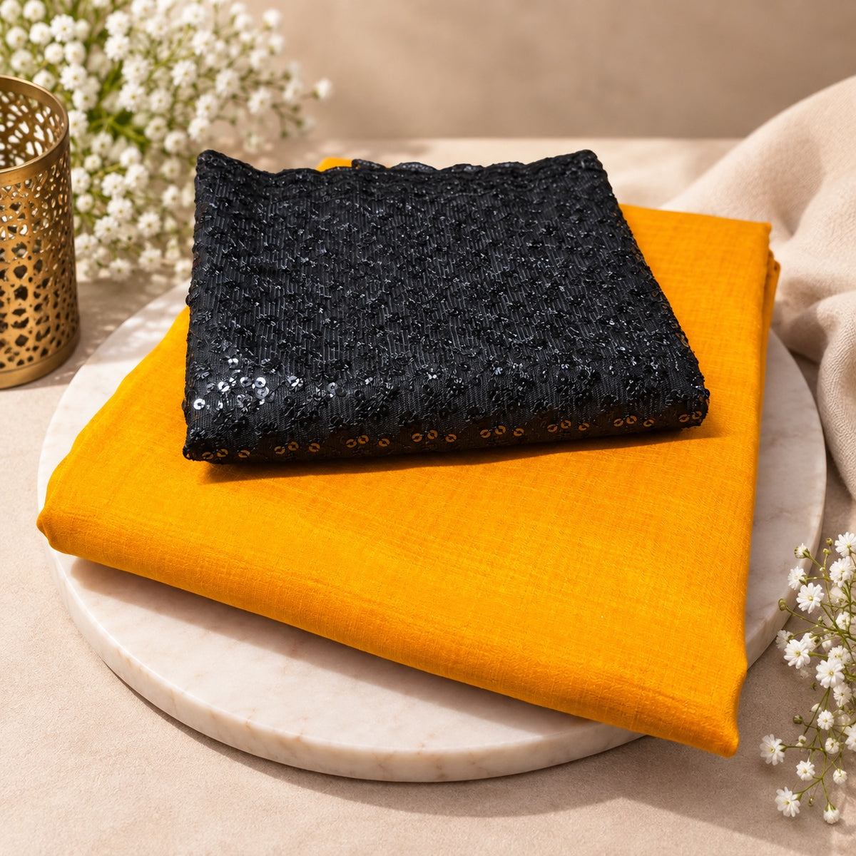 Mustard yellow Vichitra saree folded with 1 metre black sequin lace blouse material, PS01