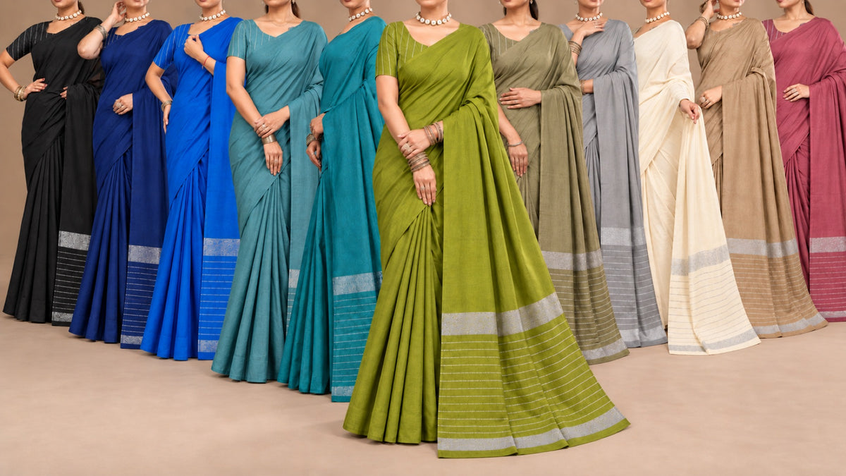 Ten Indian cotton handloom sarees from Saree Kingdom Kandy in black, navy, royal blue, teal, olive, grey, ivory, sand and rosewood