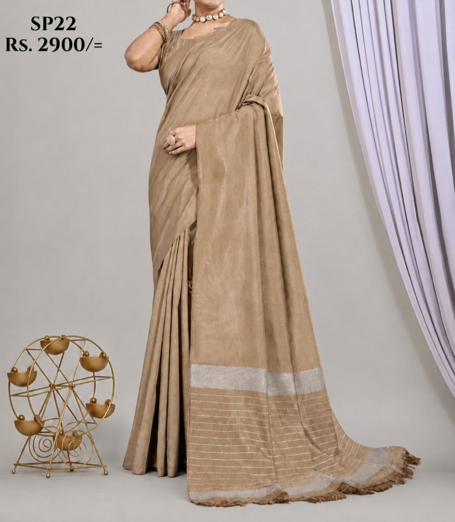 Desert Sand Indian cotton handloom saree with silver zari border, SP22