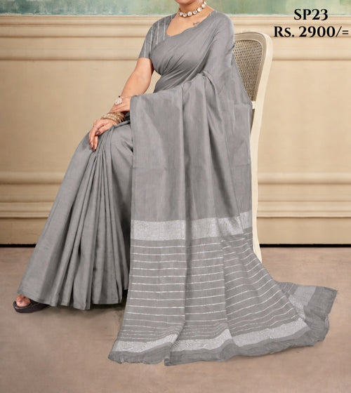 Ash Gray Indian cotton handloom saree with silver zari border, SP23