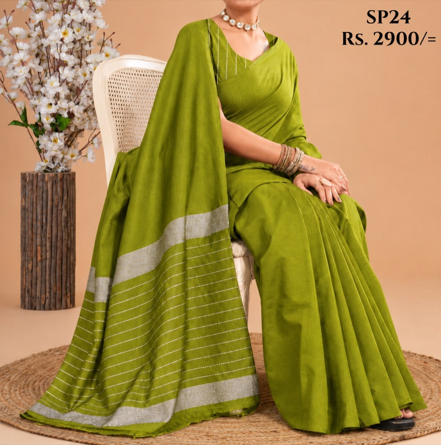 Olive Lime Indian cotton handloom saree with silver zari border, SP24