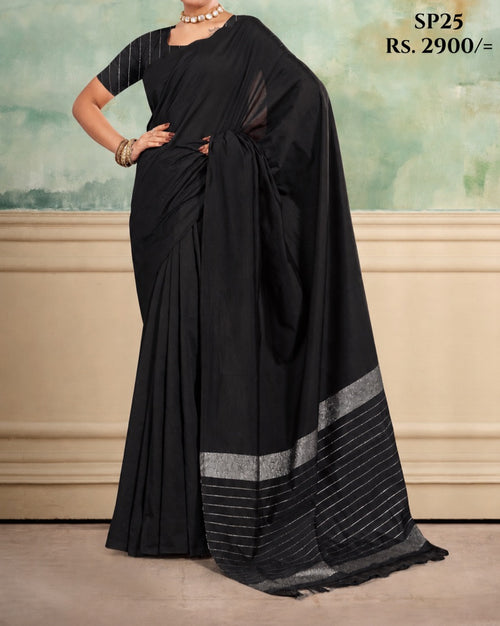 Classic Black Indian cotton handloom saree with silver zari border, SP25