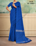 Majestic Blue Indian cotton handloom saree with silver zari border, SP29