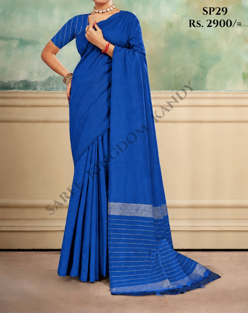 Majestic Blue Indian cotton handloom saree with silver zari border, SP29