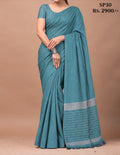 Ocean Teal Indian cotton handloom saree with silver zari border, SP30