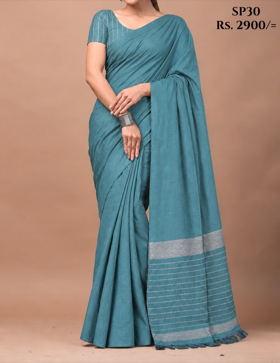 Ocean Teal Indian cotton handloom saree with silver zari border, SP30