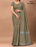 Olive Sage Indian cotton handloom saree with silver zari border, SP31